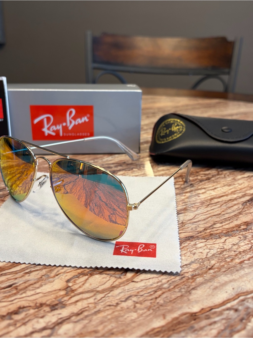 Ray-Ban Aviator Sunglasses Gold Frame with Yellow-Orange Mirrored Lenses